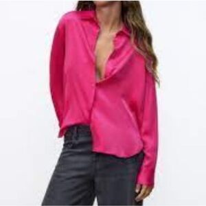 Zara -1711 NWOT Crinkled Long Sleeve Satin Blouse Button Down Hot Pink Small‎